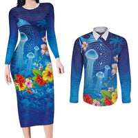 Fiji Jellyfish Couples Matching Long Sleeve Bodycon Dress and Long Sleeve Button Shirt Tapa Patterns and Hibiscus Sea Vibe