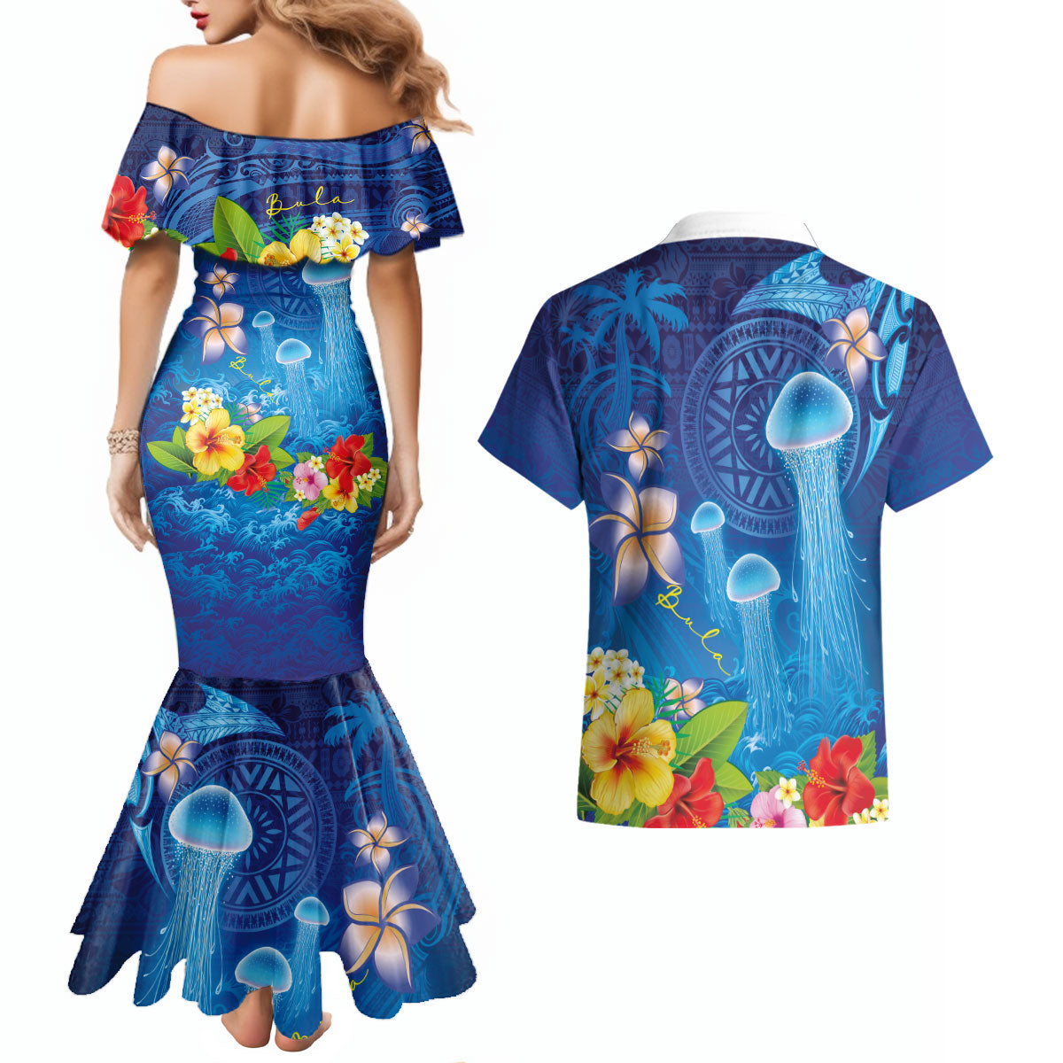 Fiji Jellyfish Couples Matching Mermaid Dress and Hawaiian Shirt Tapa Patterns and Hibiscus Sea Vibe