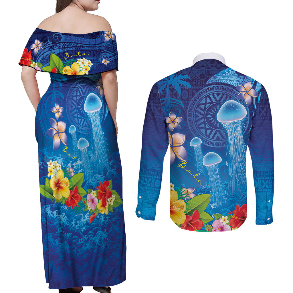 Fiji Jellyfish Couples Matching Off Shoulder Maxi Dress and Long Sleeve Button Shirt Tapa Patterns and Hibiscus Sea Vibe