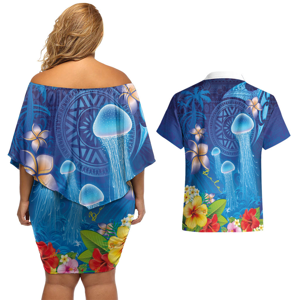Fiji Jellyfish Couples Matching Off Shoulder Short Dress and Hawaiian Shirt Tapa Patterns and Hibiscus Sea Vibe