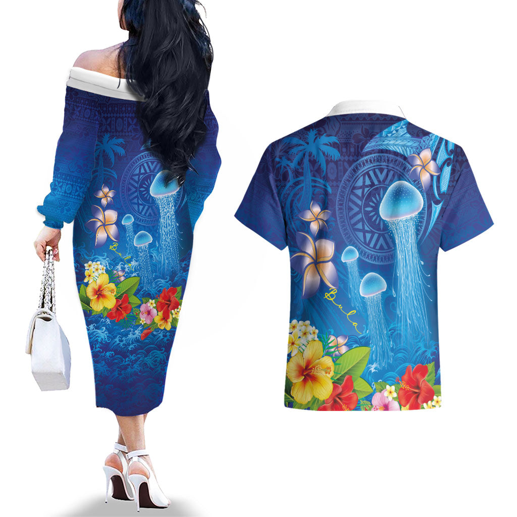 Fiji Jellyfish Couples Matching Off The Shoulder Long Sleeve Dress and Hawaiian Shirt Tapa Patterns and Hibiscus Sea Vibe