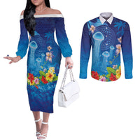 Fiji Jellyfish Couples Matching Off The Shoulder Long Sleeve Dress and Long Sleeve Button Shirt Tapa Patterns and Hibiscus Sea Vibe