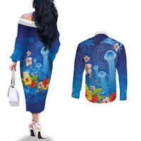 Fiji Jellyfish Couples Matching Off The Shoulder Long Sleeve Dress and Long Sleeve Button Shirt Tapa Patterns and Hibiscus Sea Vibe
