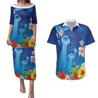 Fiji Jellyfish Couples Matching Puletasi and Hawaiian Shirt Tapa Patterns and Hibiscus Sea Vibe