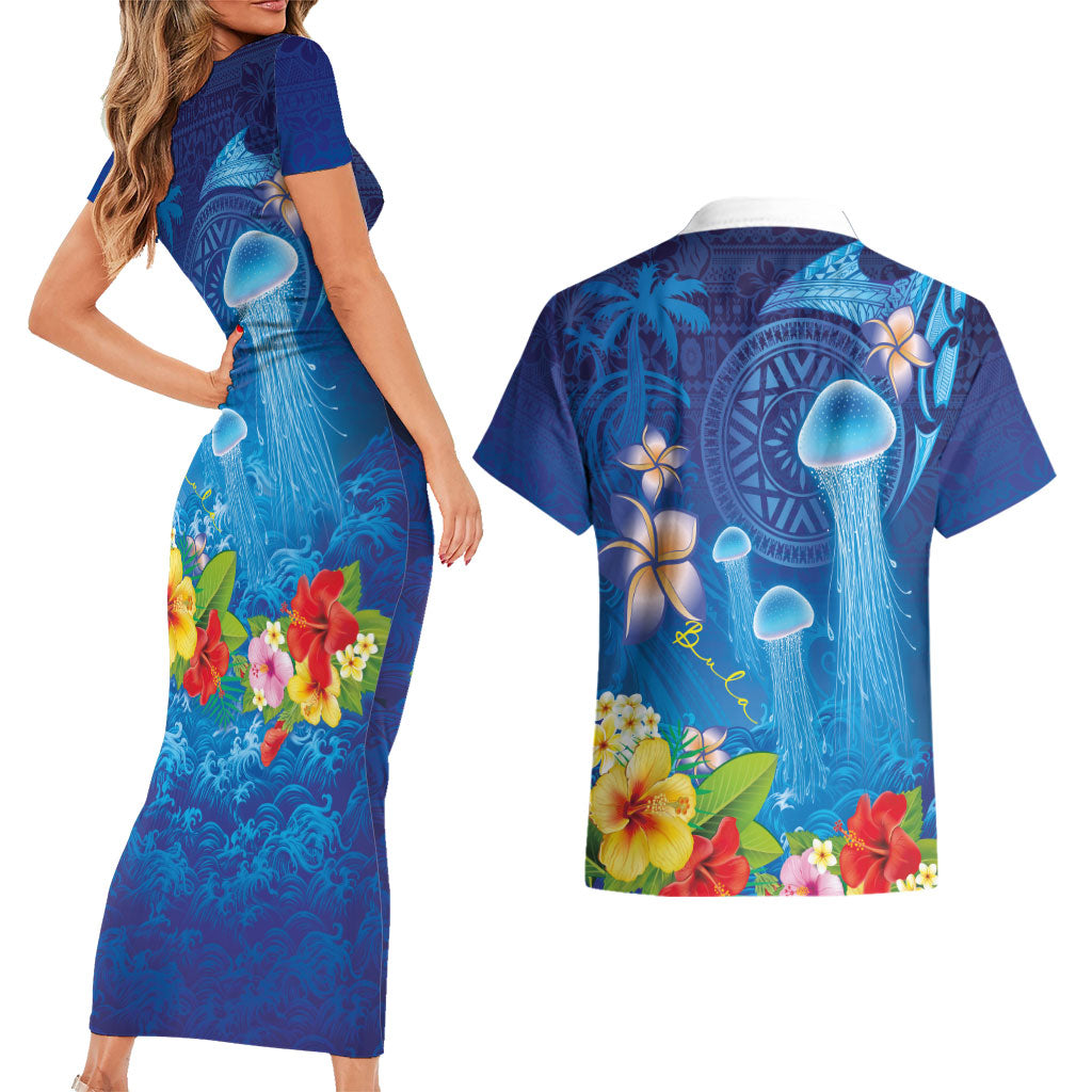 Fiji Jellyfish Couples Matching Short Sleeve Bodycon Dress and Hawaiian Shirt Tapa Patterns and Hibiscus Sea Vibe
