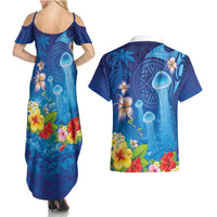 Fiji Jellyfish Couples Matching Summer Maxi Dress and Hawaiian Shirt Tapa Patterns and Hibiscus Sea Vibe