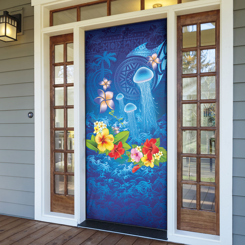 Fiji Jellyfish Door Cover Tapa Patterns and Hibiscus Sea Vibe