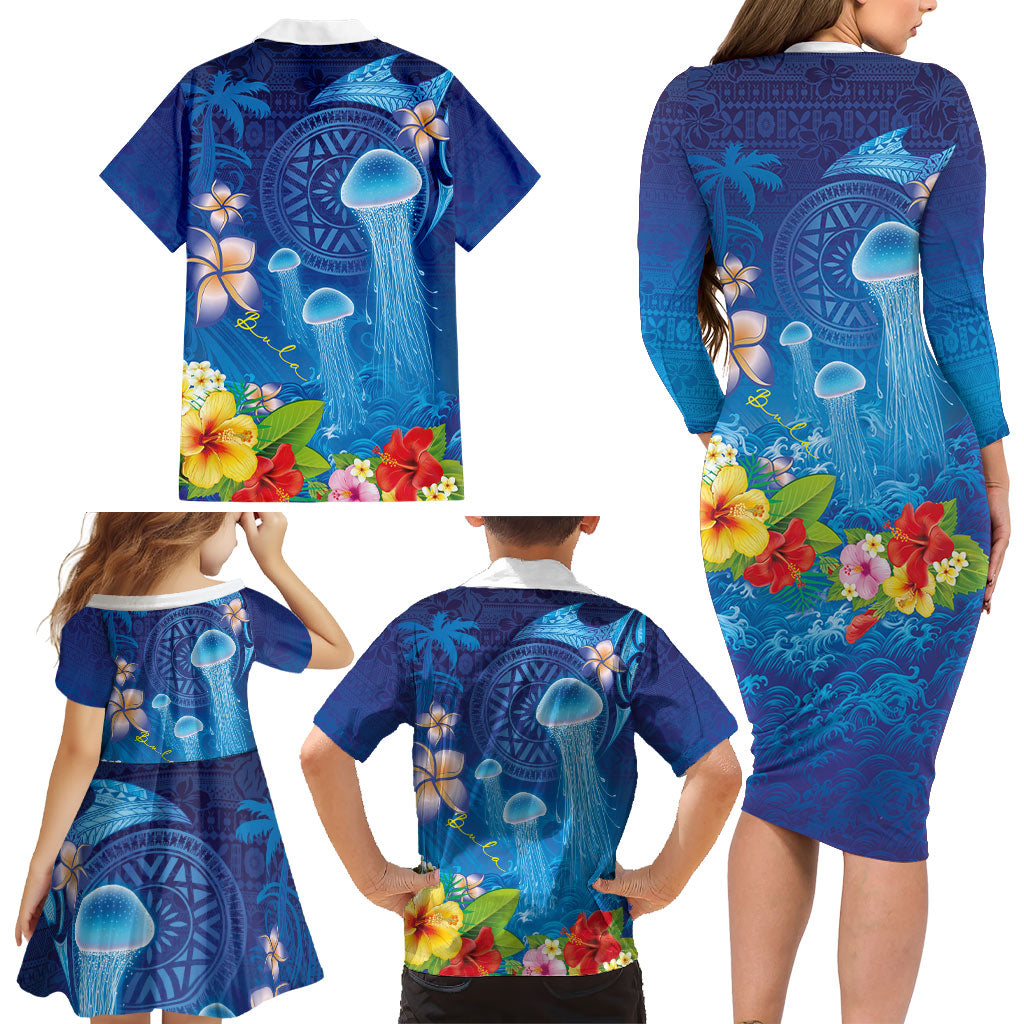 Fiji Jellyfish Family Matching Long Sleeve Bodycon Dress and Hawaiian Shirt Tapa Patterns and Hibiscus Sea Vibe