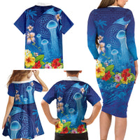 Fiji Jellyfish Family Matching Long Sleeve Bodycon Dress and Hawaiian Shirt Tapa Patterns and Hibiscus Sea Vibe