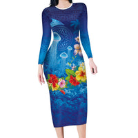 Fiji Jellyfish Family Matching Long Sleeve Bodycon Dress and Hawaiian Shirt Tapa Patterns and Hibiscus Sea Vibe