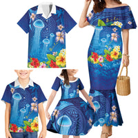 Fiji Jellyfish Family Matching Mermaid Dress and Hawaiian Shirt Tapa Patterns and Hibiscus Sea Vibe