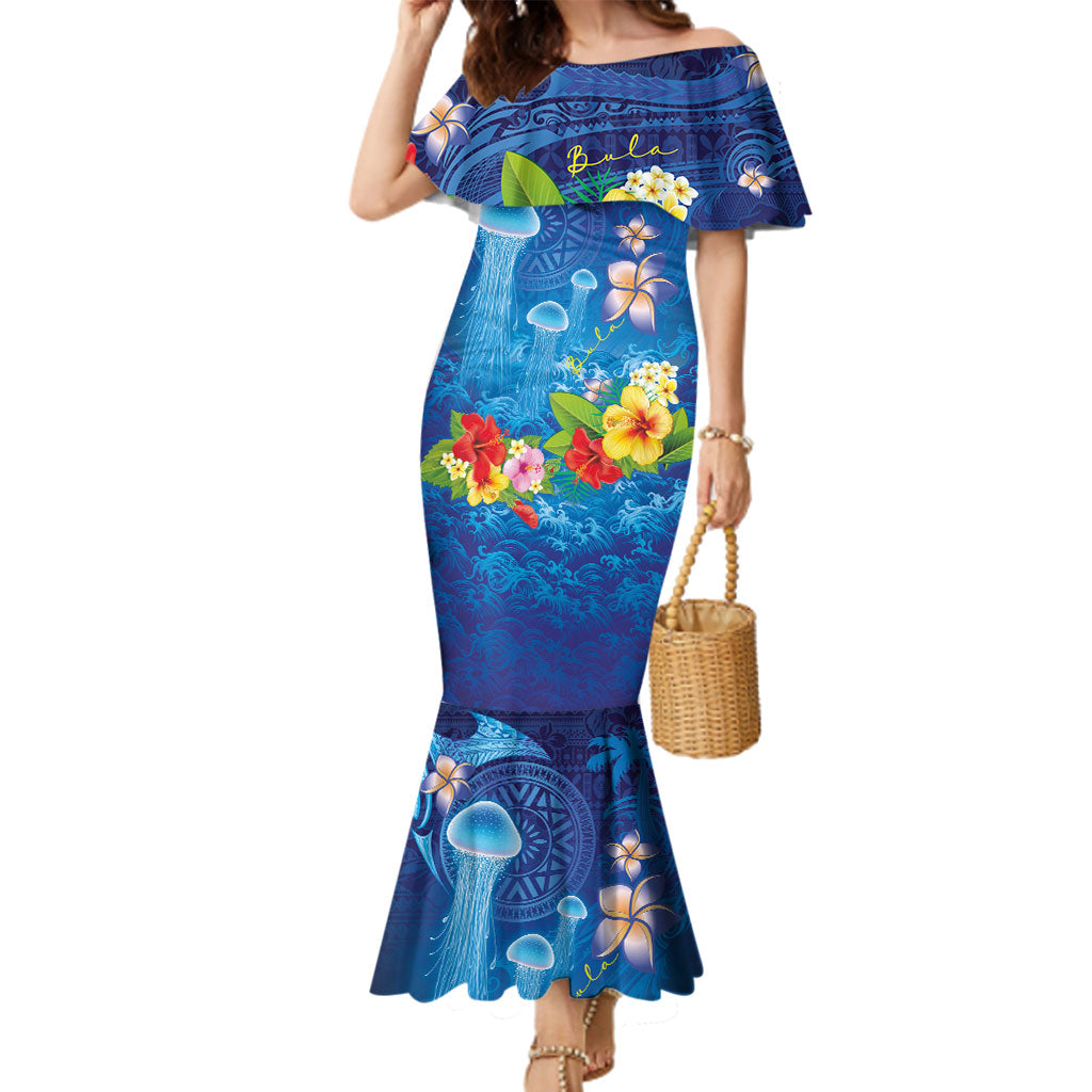 Fiji Jellyfish Family Matching Mermaid Dress and Hawaiian Shirt Tapa Patterns and Hibiscus Sea Vibe