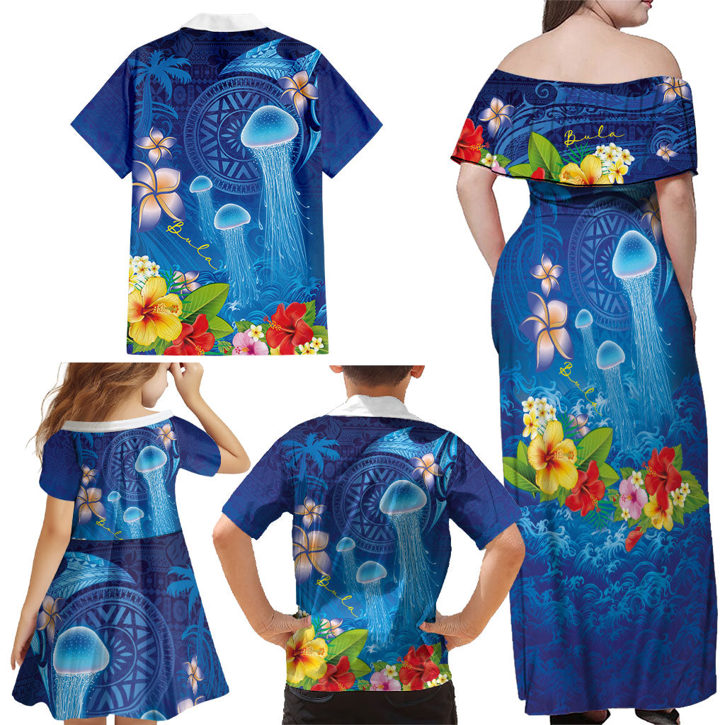 Fiji Jellyfish Family Matching Off Shoulder Maxi Dress and Hawaiian Shirt Tapa Patterns and Hibiscus Sea Vibe