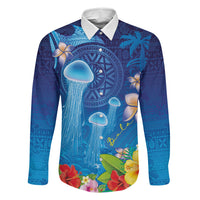 Fiji Jellyfish Family Matching Off Shoulder Short Dress and Hawaiian Shirt Tapa Patterns and Hibiscus Sea Vibe