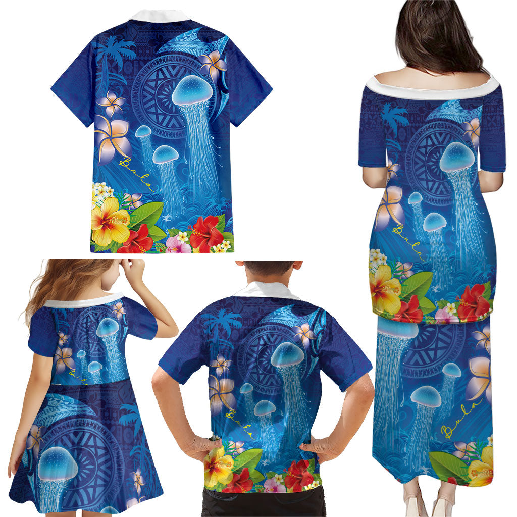 Fiji Jellyfish Family Matching Puletasi and Hawaiian Shirt Tapa Patterns and Hibiscus Sea Vibe