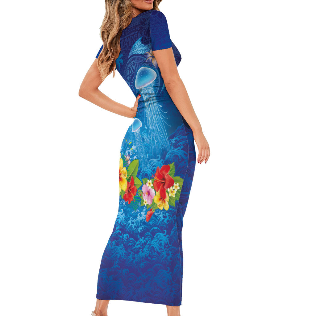 Fiji Jellyfish Family Matching Short Sleeve Bodycon Dress and Hawaiian Shirt Tapa Patterns and Hibiscus Sea Vibe