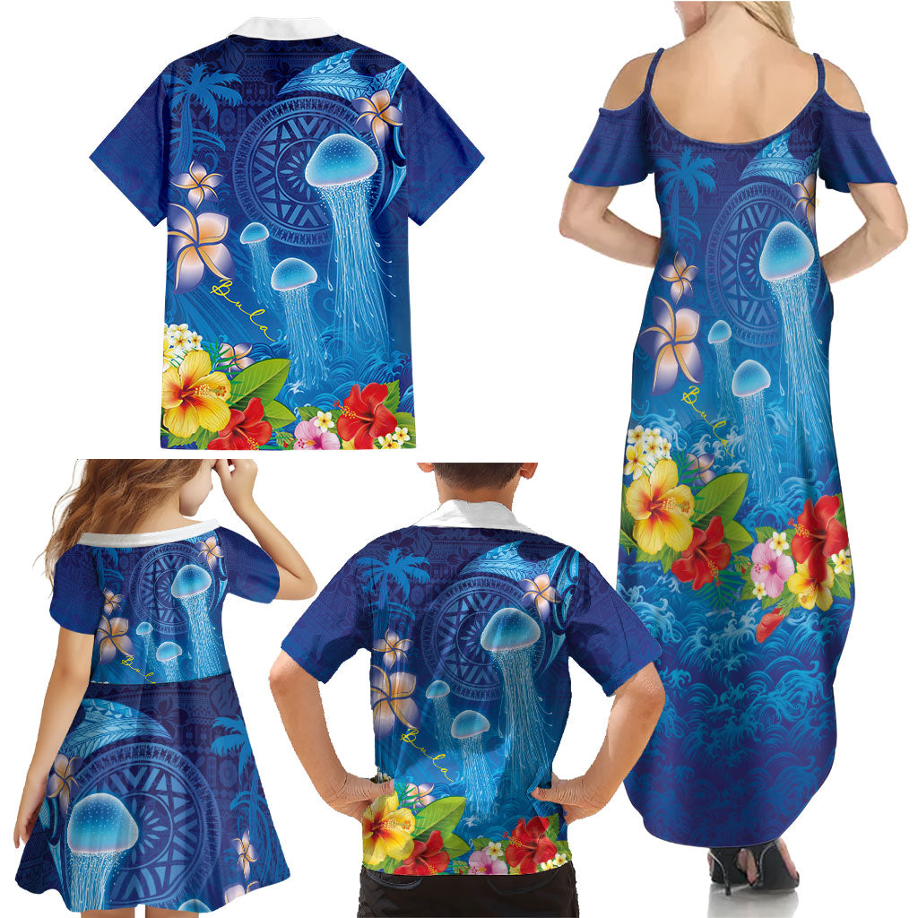 Fiji Jellyfish Family Matching Summer Maxi Dress and Hawaiian Shirt Tapa Patterns and Hibiscus Sea Vibe