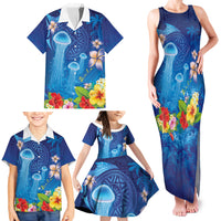 Fiji Jellyfish Family Matching Tank Maxi Dress and Hawaiian Shirt Tapa Patterns and Hibiscus Sea Vibe