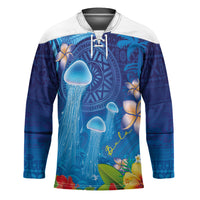 Fiji Jellyfish Hockey Jersey Tapa Patterns and Hibiscus Sea Vibe LT03 Unisex Blue - Polynesian Pride