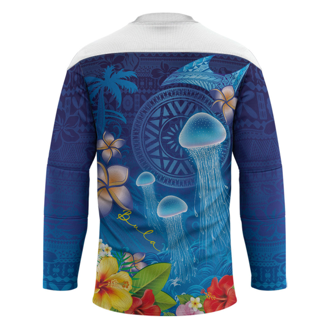 Fiji Jellyfish Hockey Jersey Tapa Patterns and Hibiscus Sea Vibe LT03 - Polynesian Pride