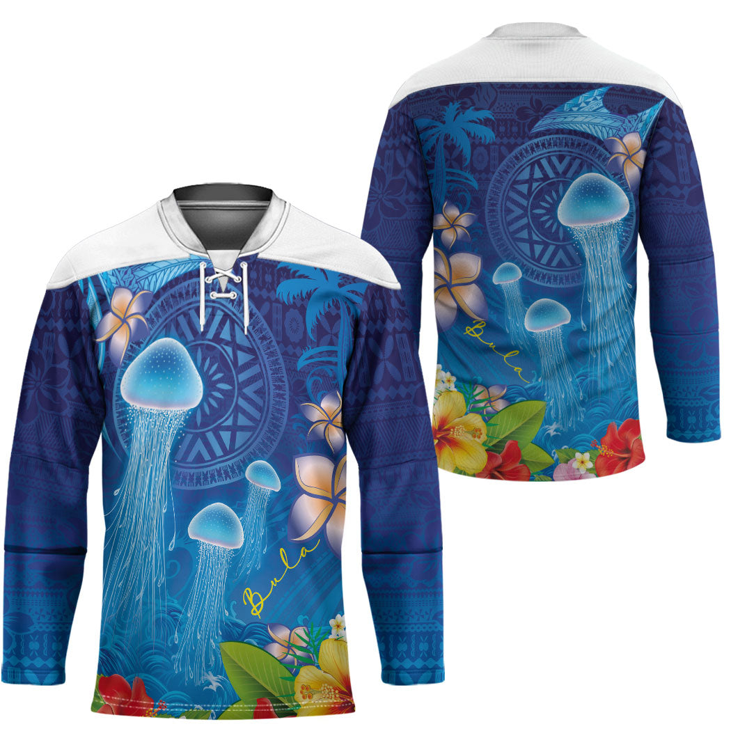 Fiji Jellyfish Hockey Jersey Tapa Patterns and Hibiscus Sea Vibe LT03 - Polynesian Pride