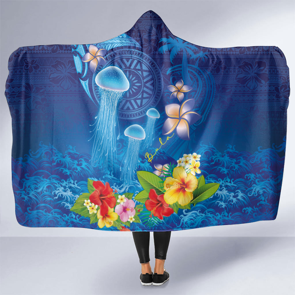 Fiji Jellyfish Hooded Blanket Tapa Patterns and Hibiscus Sea Vibe