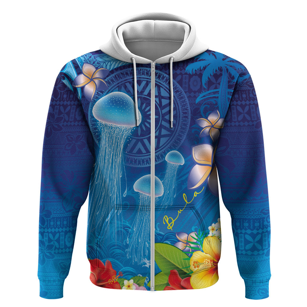 Fiji Jellyfish Hoodie Tapa Patterns and Hibiscus Sea Vibe