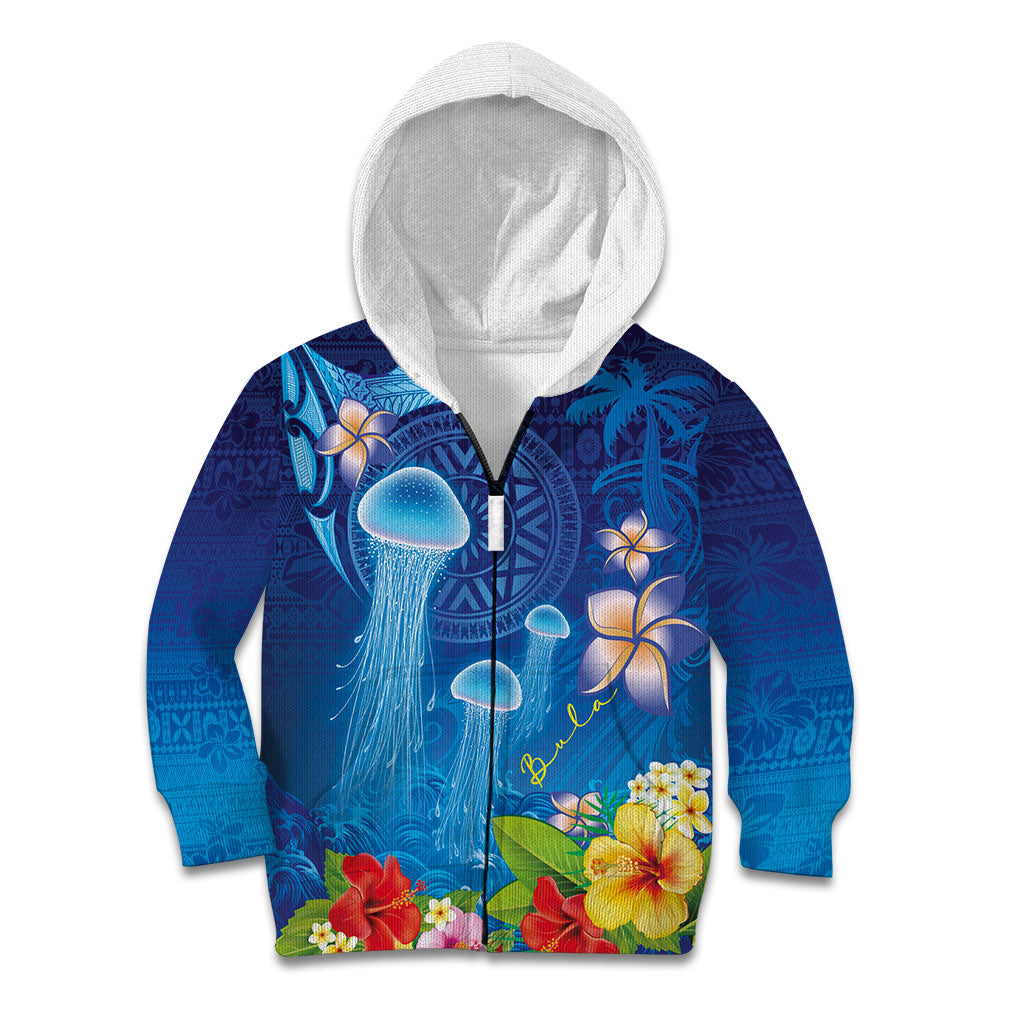 Fiji Jellyfish Kid Hoodie Tapa Patterns and Hibiscus Sea Vibe LT03 Zip Hoodie Blue - Polynesian Pride