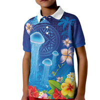 Fiji Jellyfish Kid Polo Shirt Tapa Patterns and Hibiscus Sea Vibe
