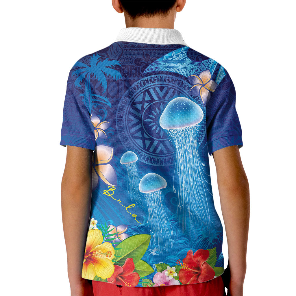 Fiji Jellyfish Kid Polo Shirt Tapa Patterns and Hibiscus Sea Vibe