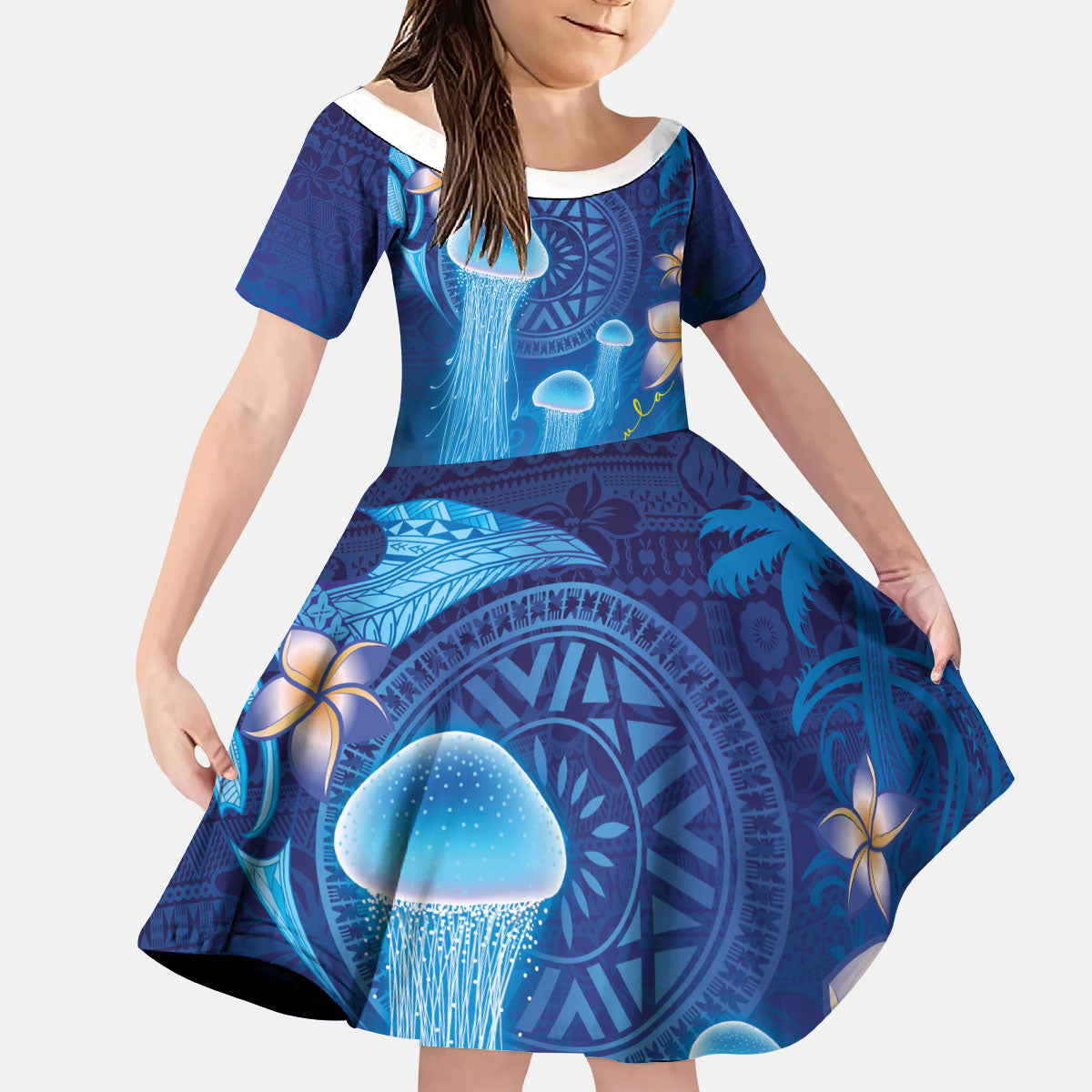 Fiji Jellyfish Kid Short Sleeve Dress Tapa Patterns and Hibiscus Sea Vibe LT03 KID Blue - Polynesian Pride