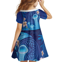 Fiji Jellyfish Kid Short Sleeve Dress Tapa Patterns and Hibiscus Sea Vibe LT03 - Polynesian Pride