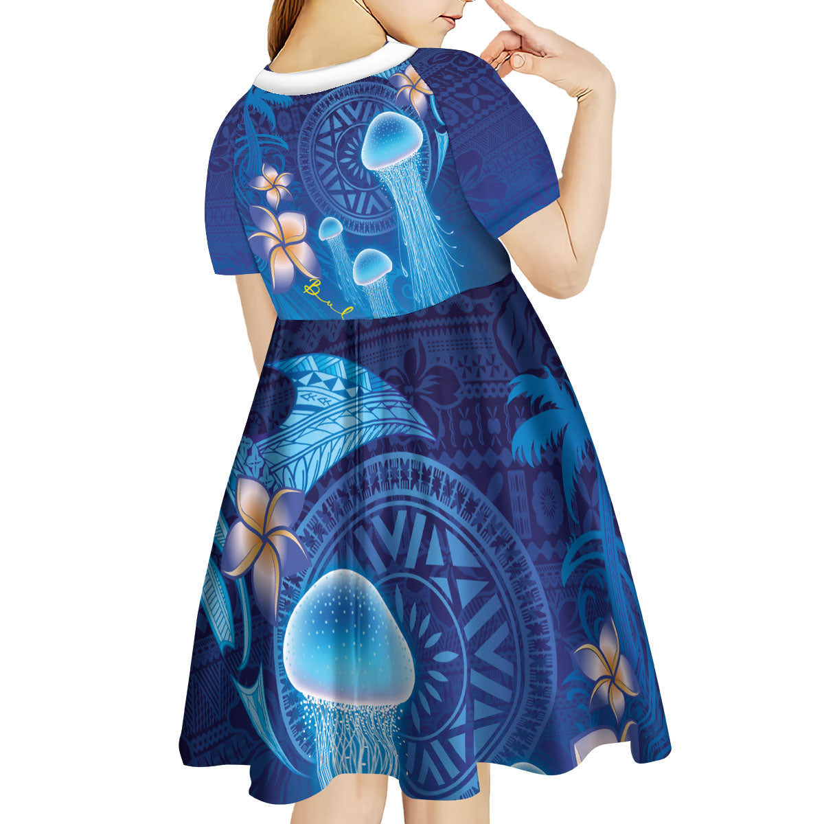 Fiji Jellyfish Kid Short Sleeve Dress Tapa Patterns and Hibiscus Sea Vibe LT03 - Polynesian Pride
