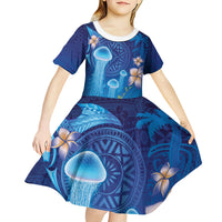 Fiji Jellyfish Kid Short Sleeve Dress Tapa Patterns and Hibiscus Sea Vibe LT03 - Polynesian Pride