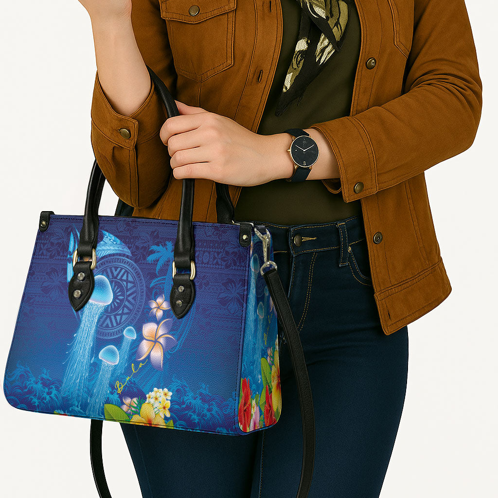 Fiji Jellyfish Leather Bag Tapa Patterns and Hibiscus Sea Vibe