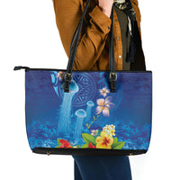 Fiji Jellyfish Leather Tote Bag Tapa Patterns and Hibiscus Sea Vibe