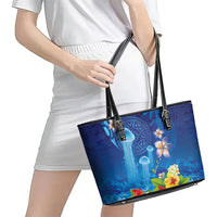 Fiji Jellyfish Leather Tote Bag Tapa Patterns and Hibiscus Sea Vibe