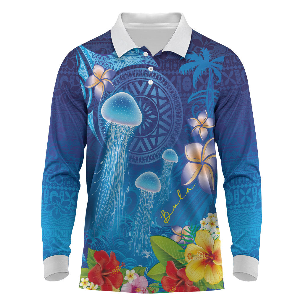 Fiji Jellyfish Long Sleeve Polo Shirt Tapa Patterns and Hibiscus Sea Vibe