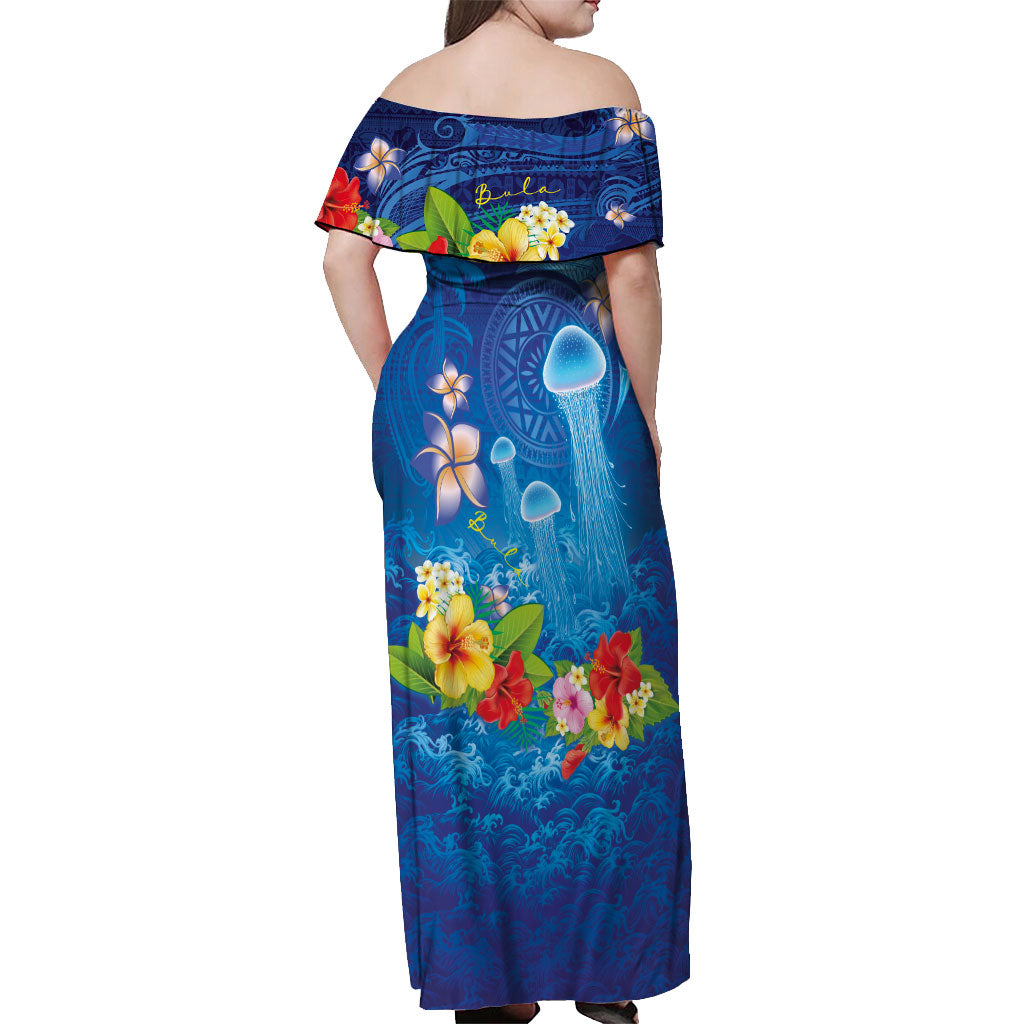 Fiji Jellyfish Off Shoulder Maxi Dress Tapa Patterns and Hibiscus Sea Vibe LT03 - Polynesian Pride