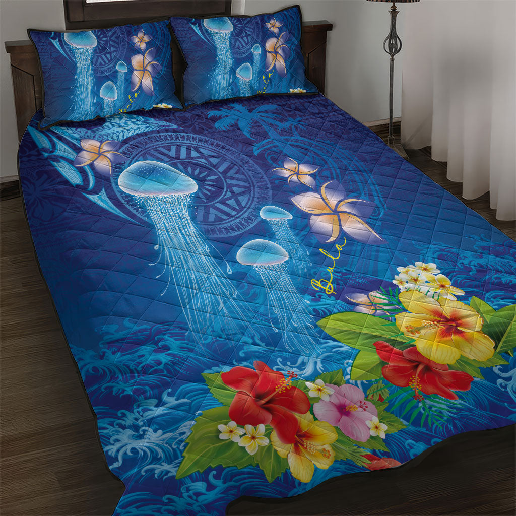 Fiji Jellyfish Quilt Bed Set Tapa Patterns and Hibiscus Sea Vibe