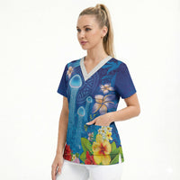 Fiji Jellyfish Scrub Top Tapa Patterns and Hibiscus Sea Vibe