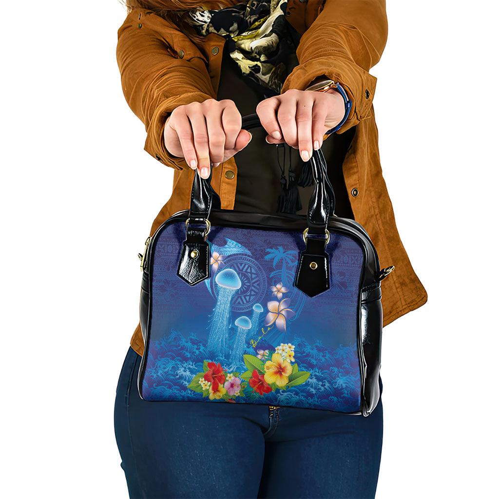 Fiji Jellyfish Shoulder Handbag Tapa Patterns and Hibiscus Sea Vibe