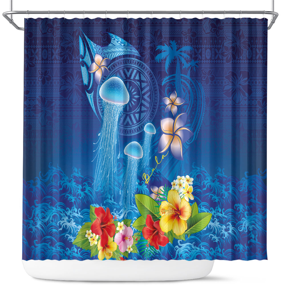 Fiji Jellyfish Shower Curtain Tapa Patterns and Hibiscus Sea Vibe