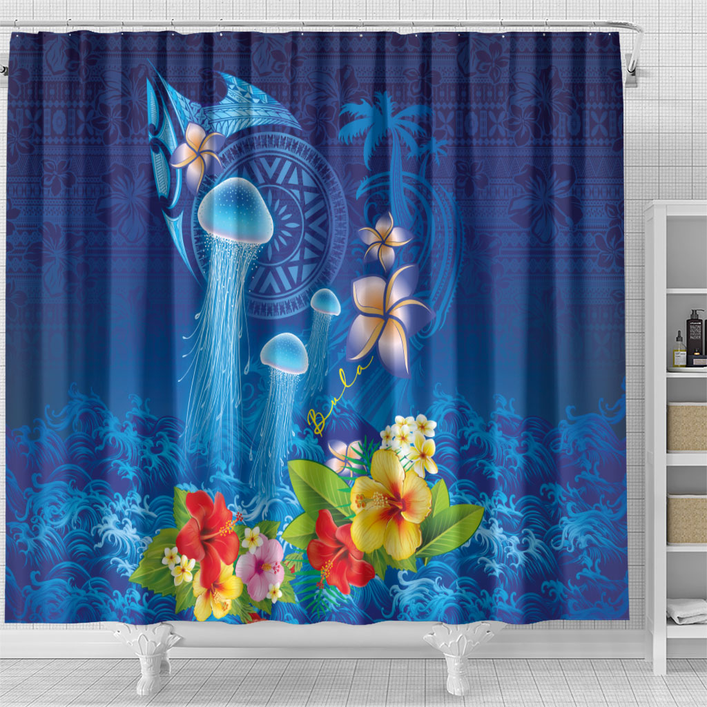 Fiji Jellyfish Shower Curtain Tapa Patterns and Hibiscus Sea Vibe