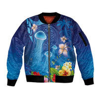 Fiji Jellyfish Sleeve Zip Bomber Jacket Tapa Patterns and Hibiscus Sea Vibe