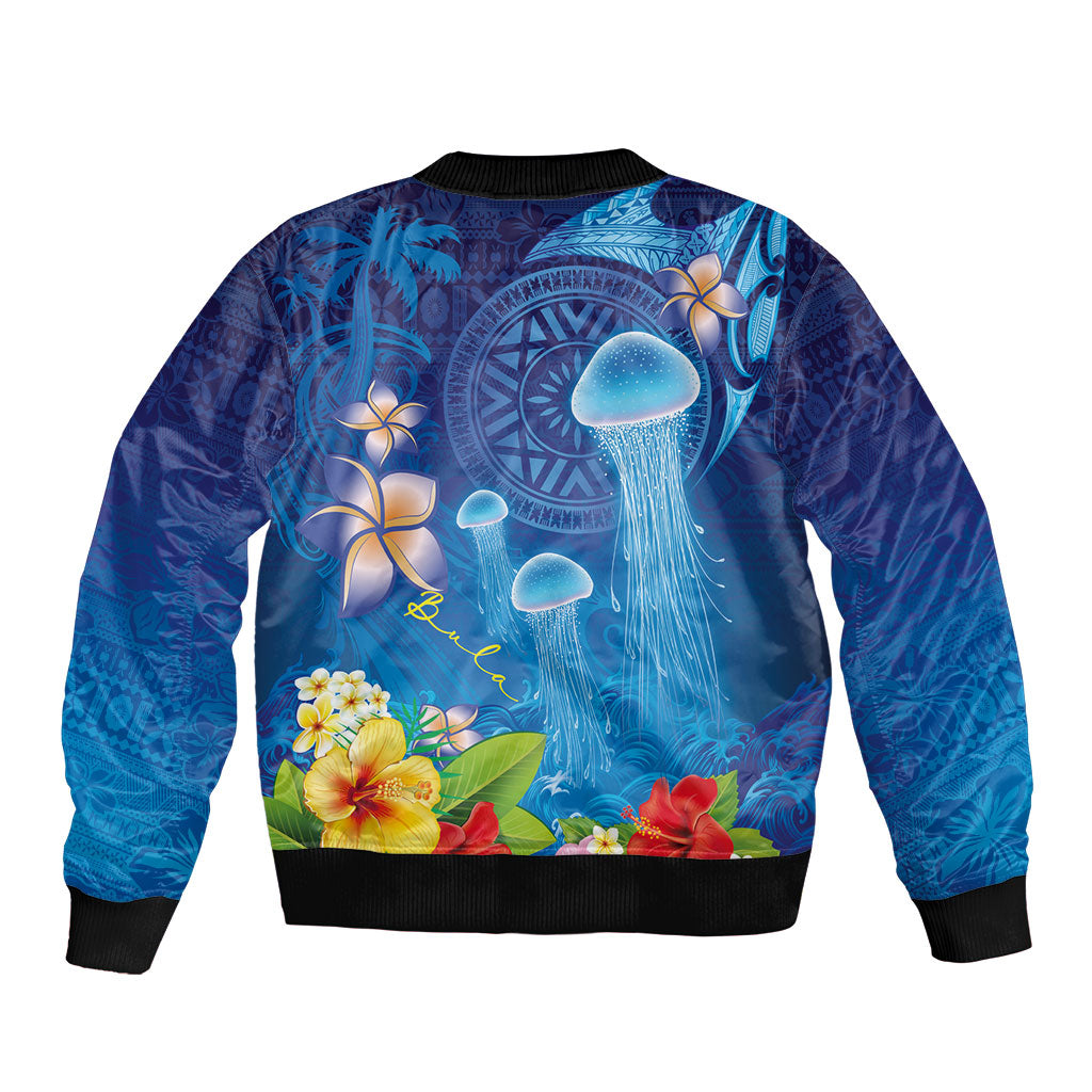 Fiji Jellyfish Sleeve Zip Bomber Jacket Tapa Patterns and Hibiscus Sea Vibe
