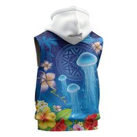 Fiji Jellyfish Sleeveless Hoodie Tapa Patterns and Hibiscus Sea Vibe