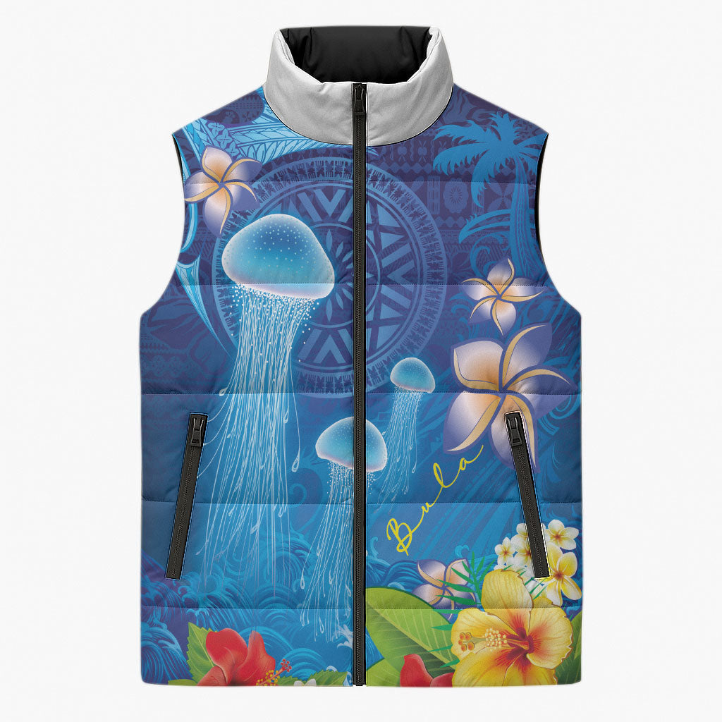 Fiji Jellyfish Sleeveless Puffer Jacket Tapa Patterns and Hibiscus Sea Vibe