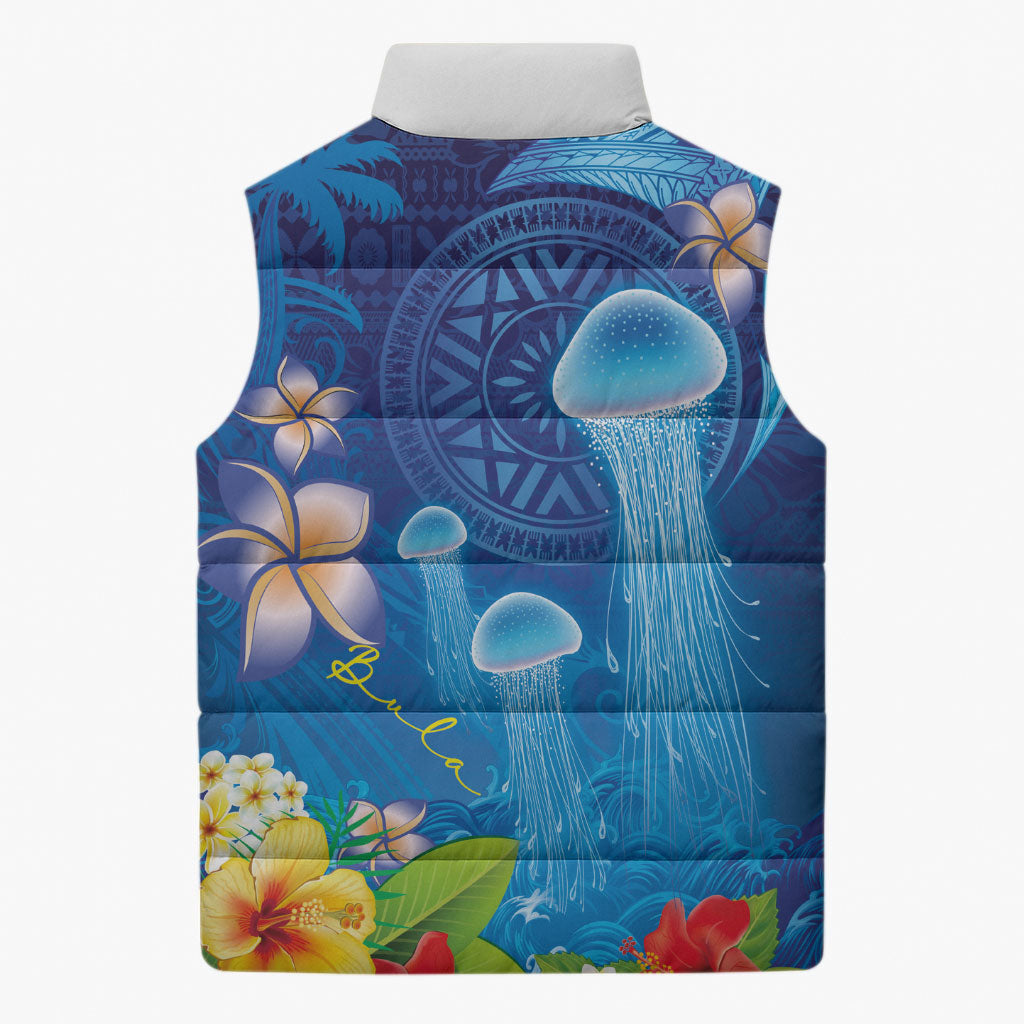 Fiji Jellyfish Sleeveless Puffer Jacket Tapa Patterns and Hibiscus Sea Vibe