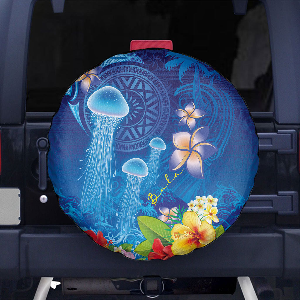 Fiji Jellyfish Spare Tire Cover Tapa Patterns and Hibiscus Sea Vibe